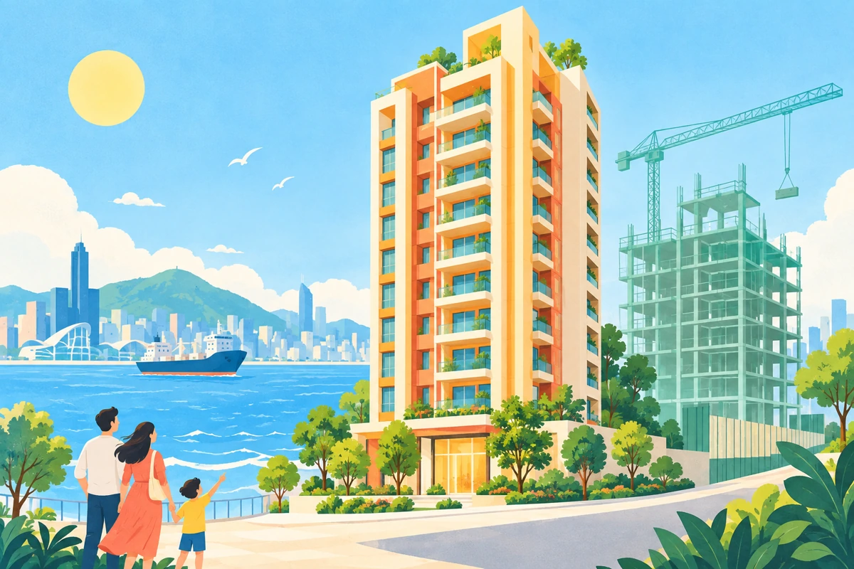 高雄港灣旁的成屋住宅與興建中建築插畫