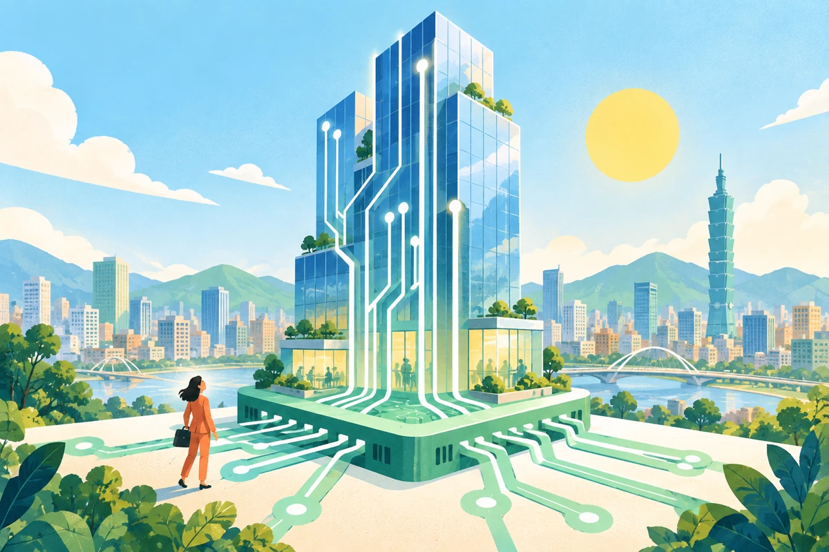 結合晶片與辦公大樓的 AI 商辦插畫