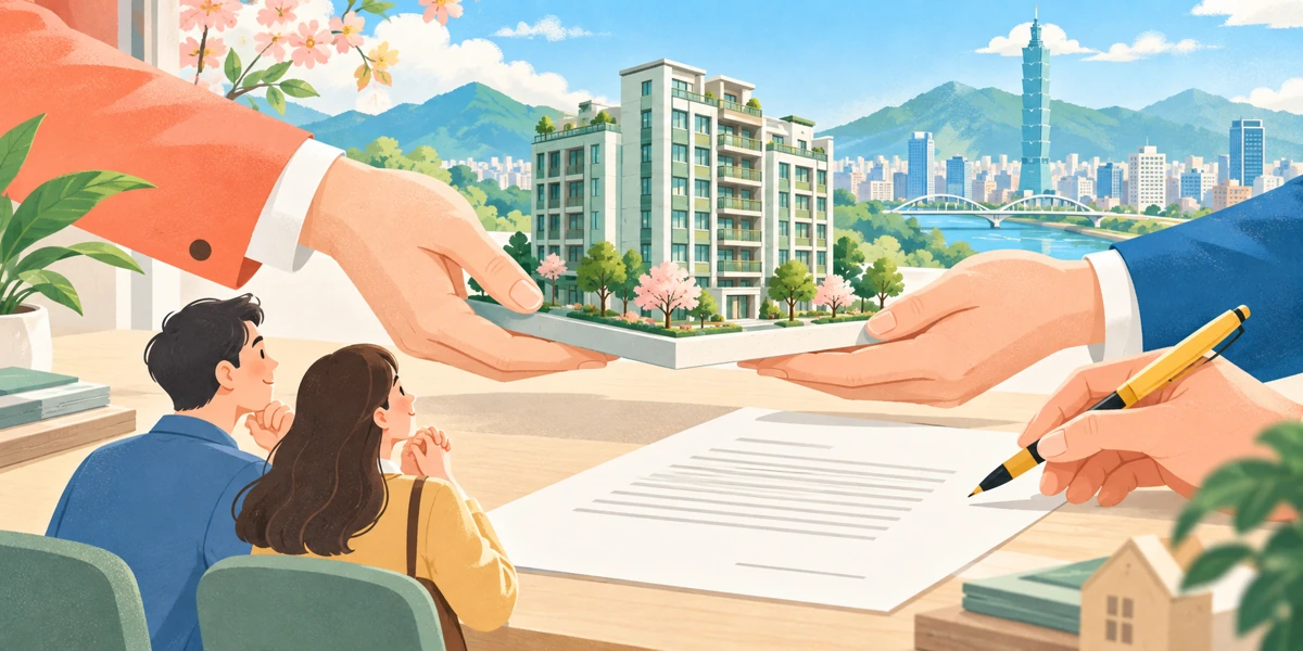 購屋家庭評估住宅模型與契約的插畫