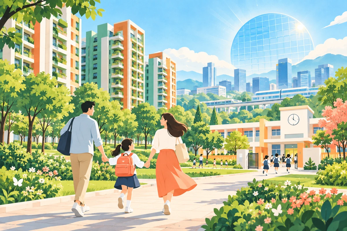 台中住宅、校園與科技產業的明亮插畫